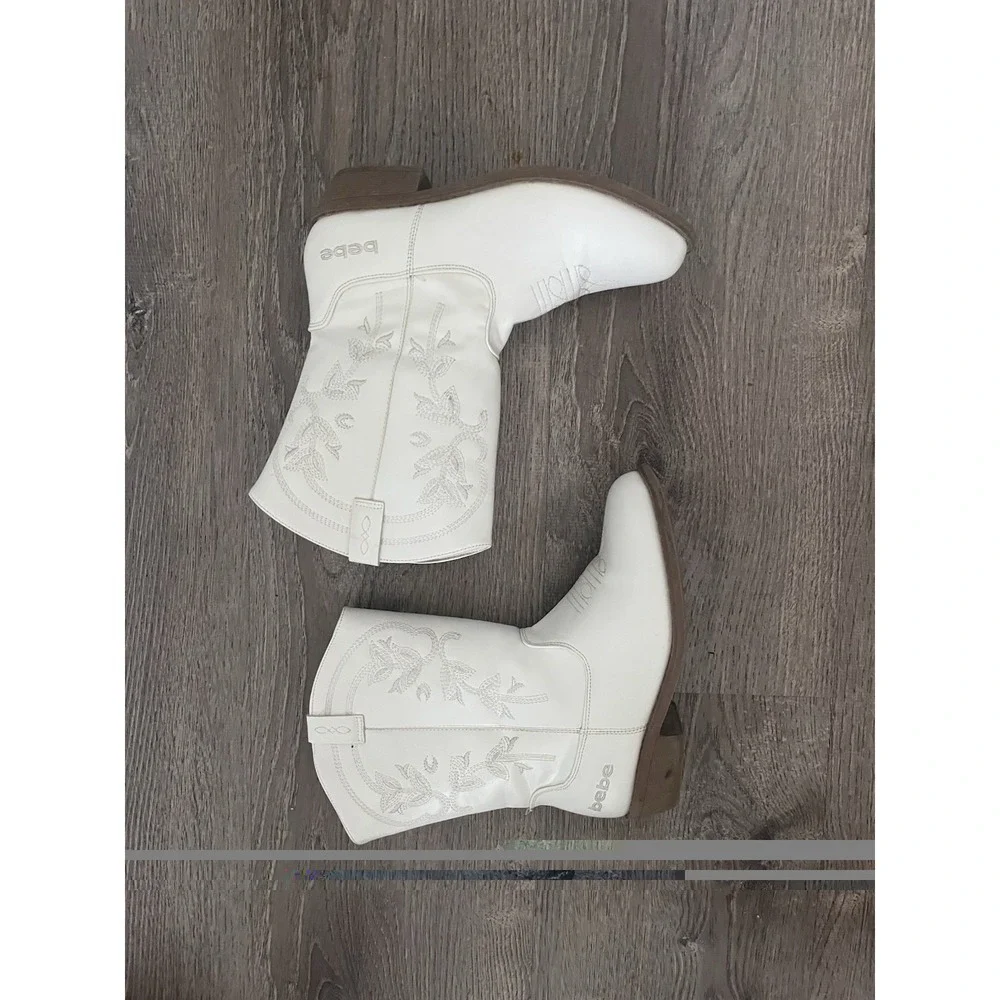 Bebe Girls White Floral Embroidered Western Cowboy Boots Coastal Girl Boho Festi